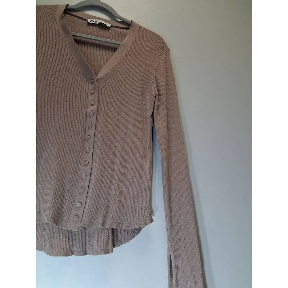 Zara womens xlarge cardigan sweater mocha brown taupe viscose stretch tan